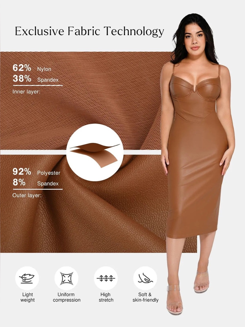 Popilush Shapewear Faux Leather Hourglass Corset Midi Dress - Picture 3 of 15
